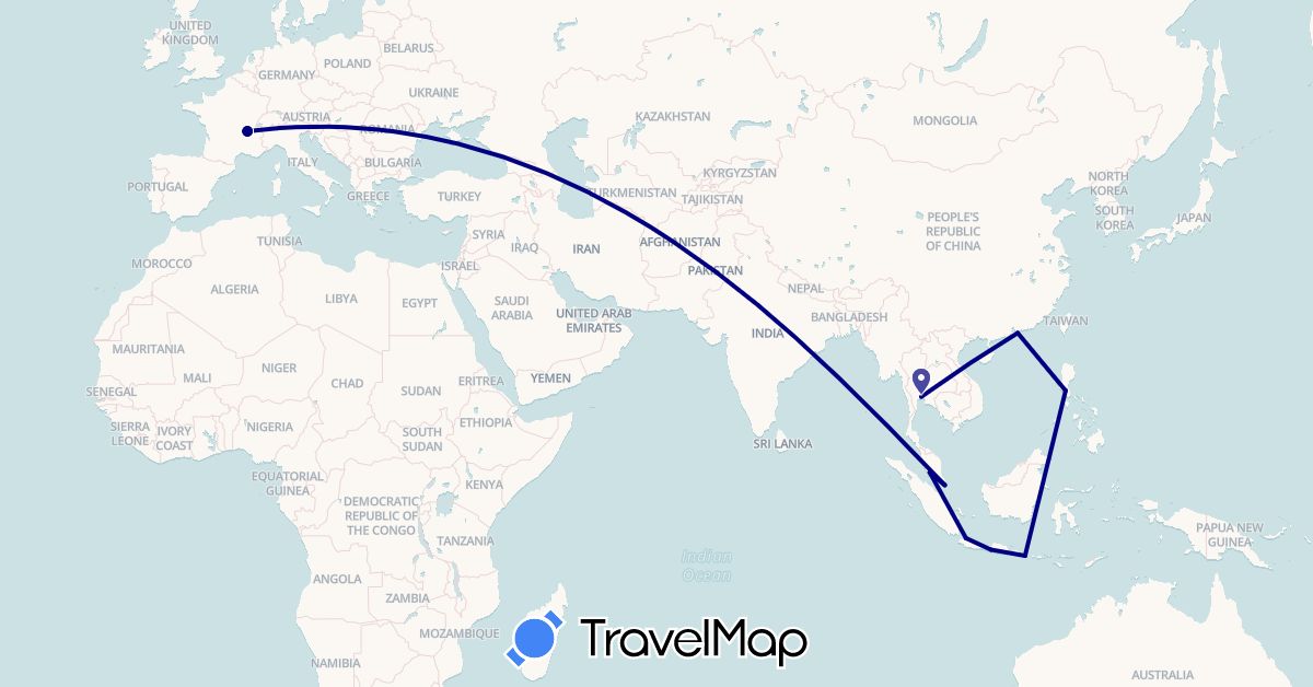 TravelMap itinerary: driving in China, France, Indonesia, Malaysia, Philippines, Singapore, Thailand (Asia, Europe)